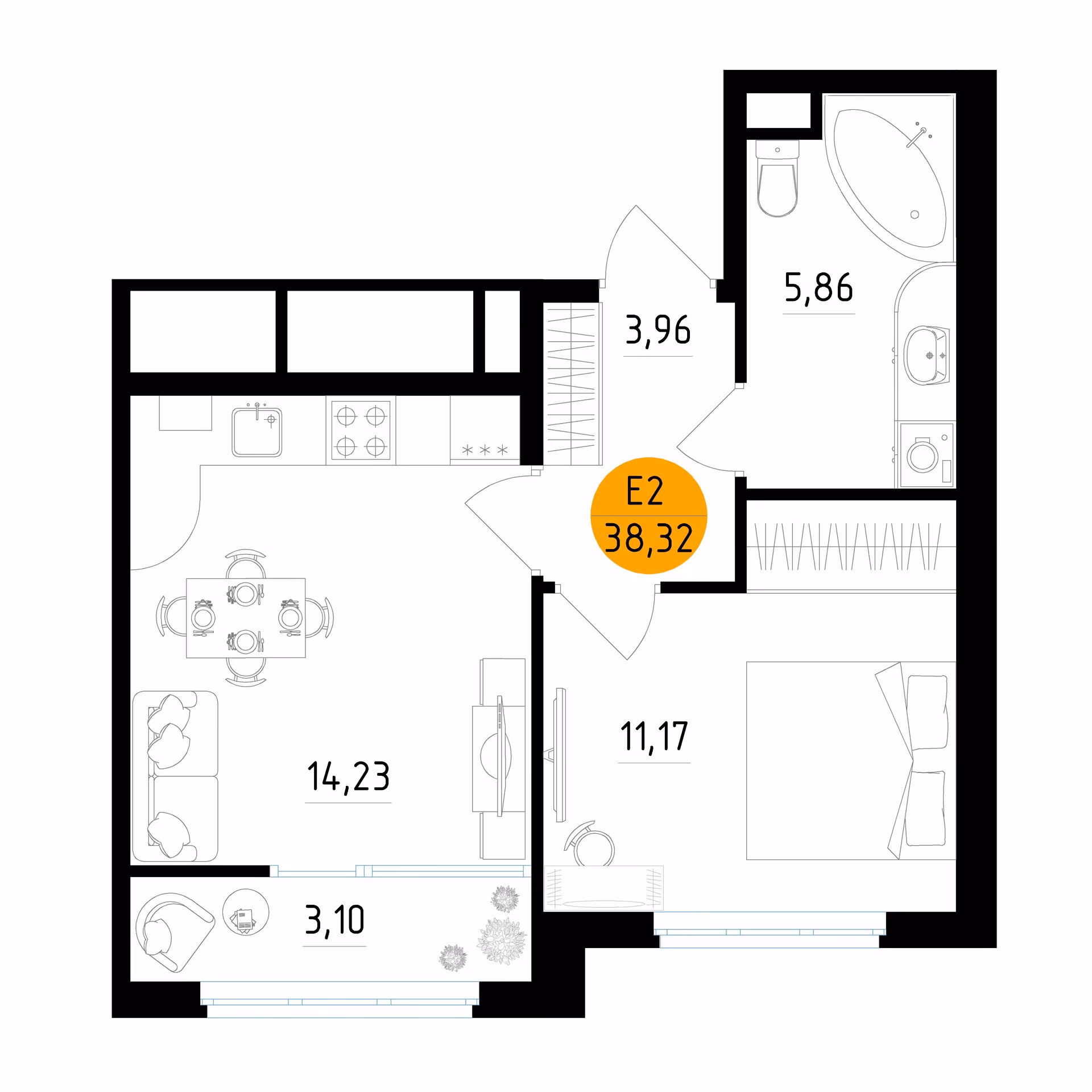Планировка Квартира с одной спальней и гостиной 14 м² (Евро-2)