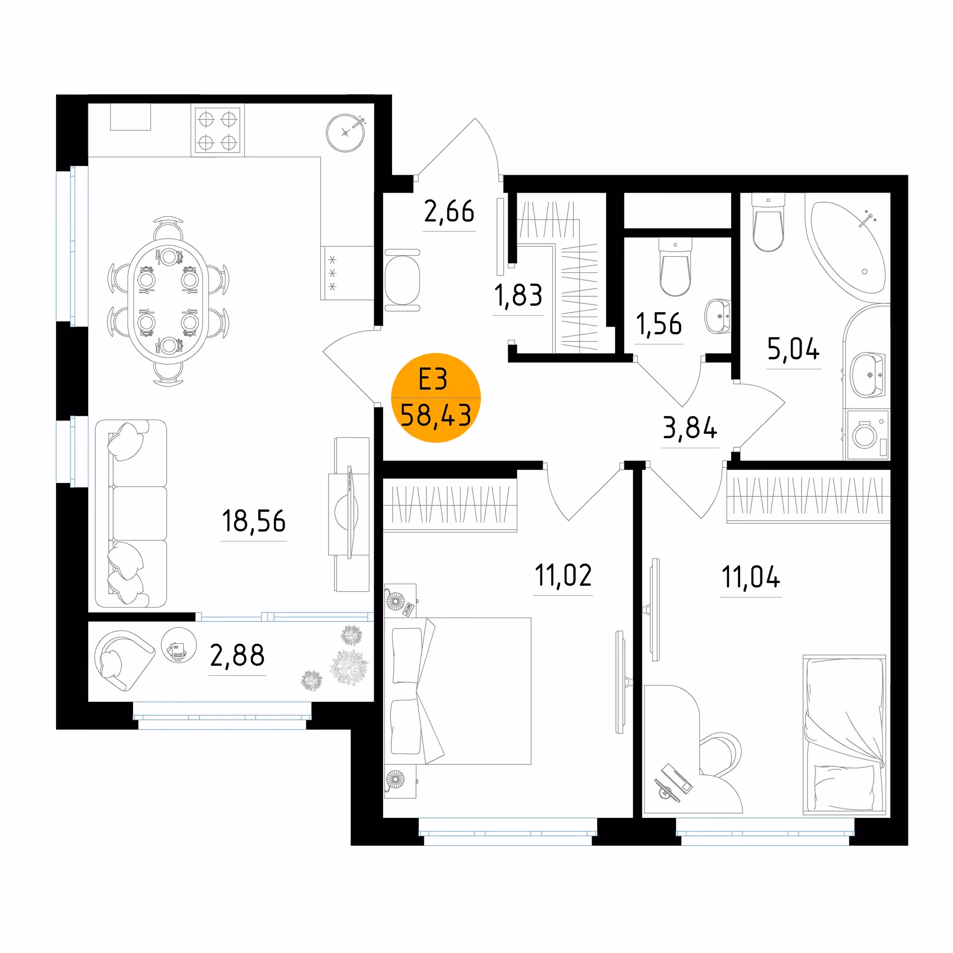 Планировка Квартира с двумя спальнями и гостиной 19 м² (Евро-3)