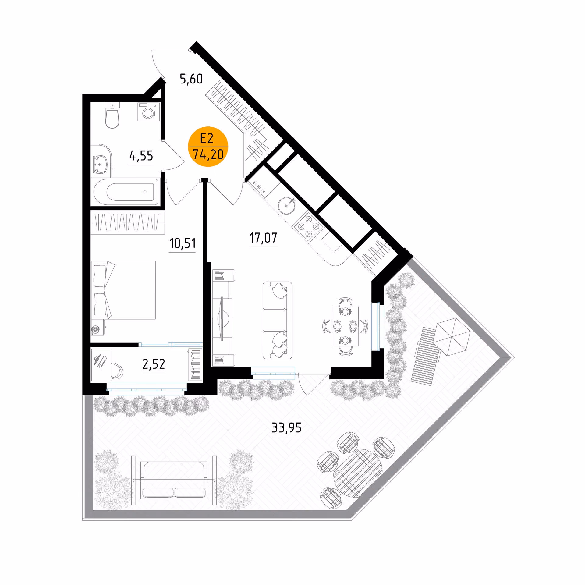 Планировка Квартира с одной спальней и гостиной 17 м² (Евро-2)