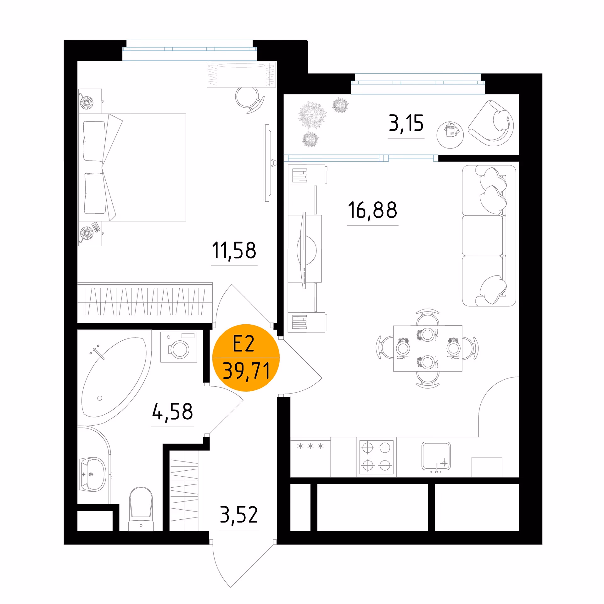 Планировка Квартира с одной спальней и гостиной 17 м² (Евро-2)