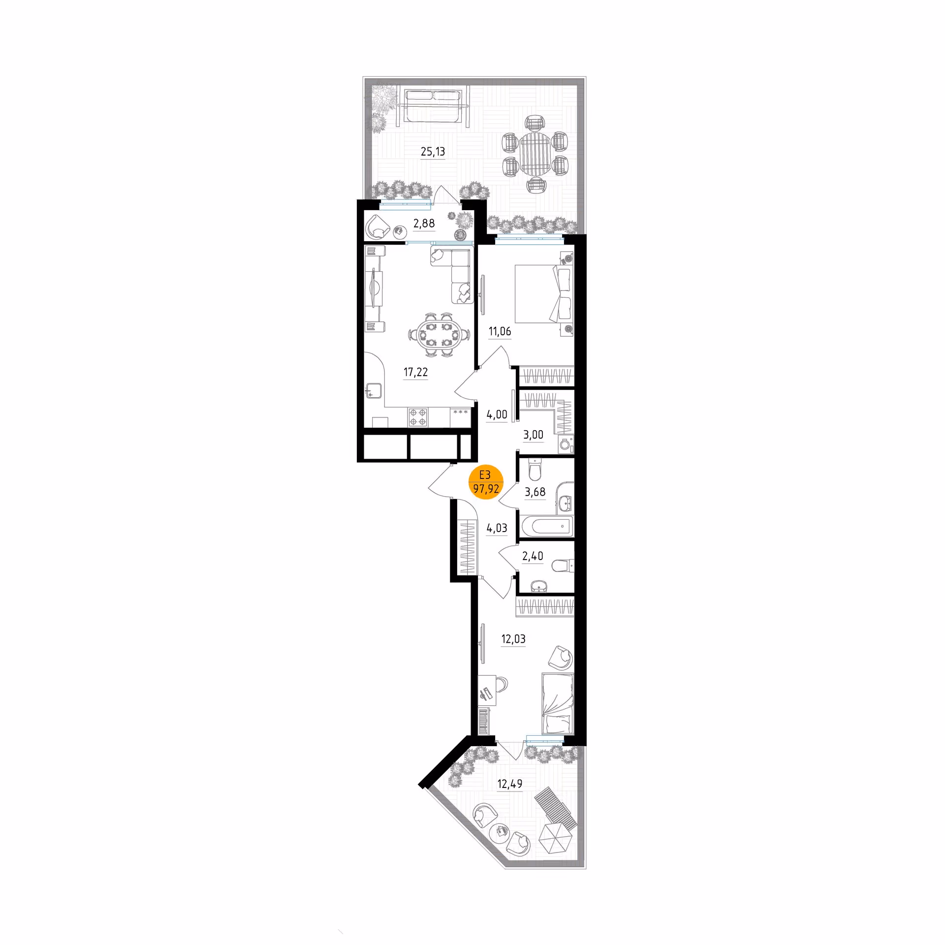 Планировка Квартира с двумя спальнями и гостиной 17 м² (Евро-3)