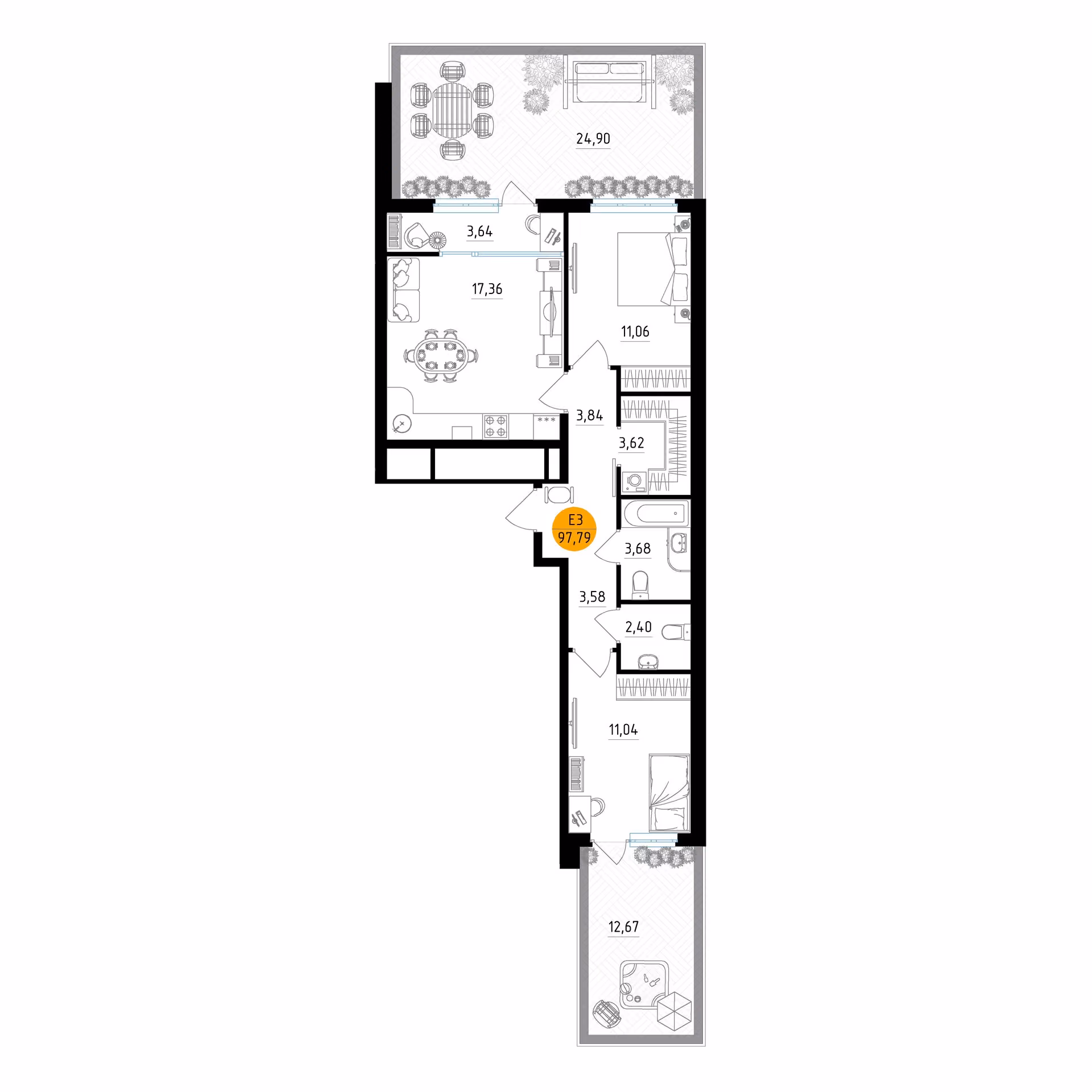 Планировка Квартира с двумя спальнями и гостиной 17 м² (Евро-3)