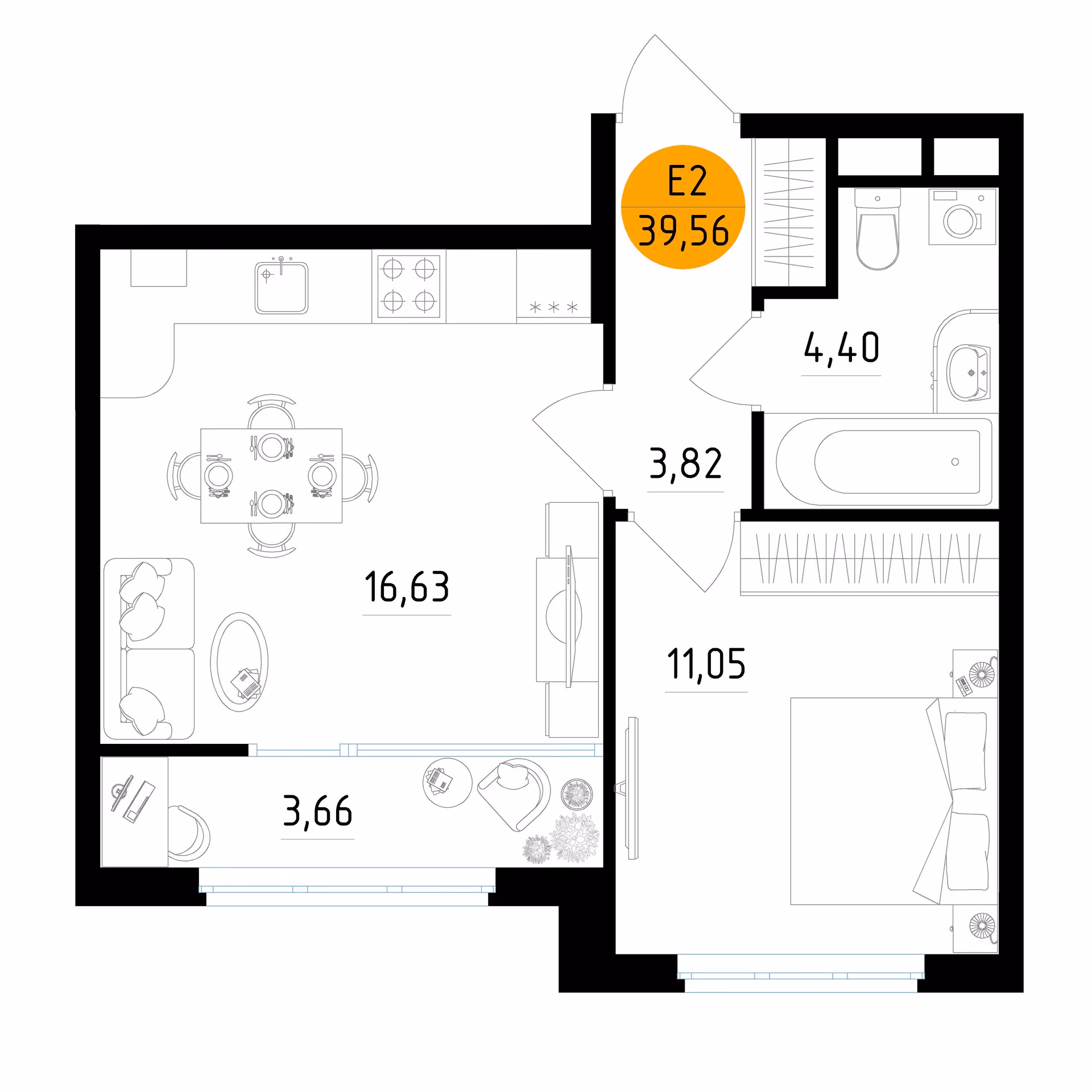 Планировка Квартира с одной спальней и гостиной 17 м² (Евро-2)