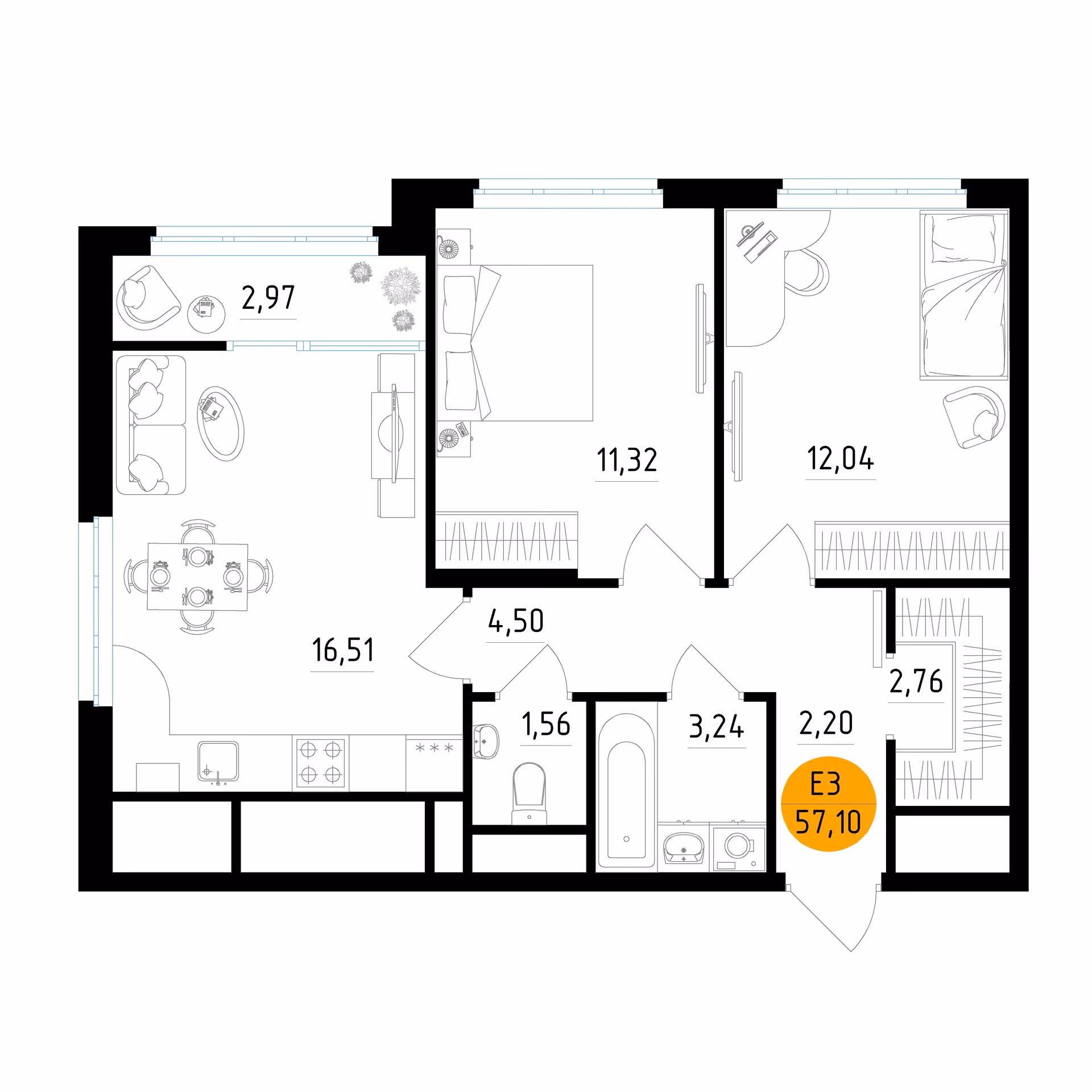 Планировка Квартира с двумя спальнями и гостиной 17 м² (Евро-3)