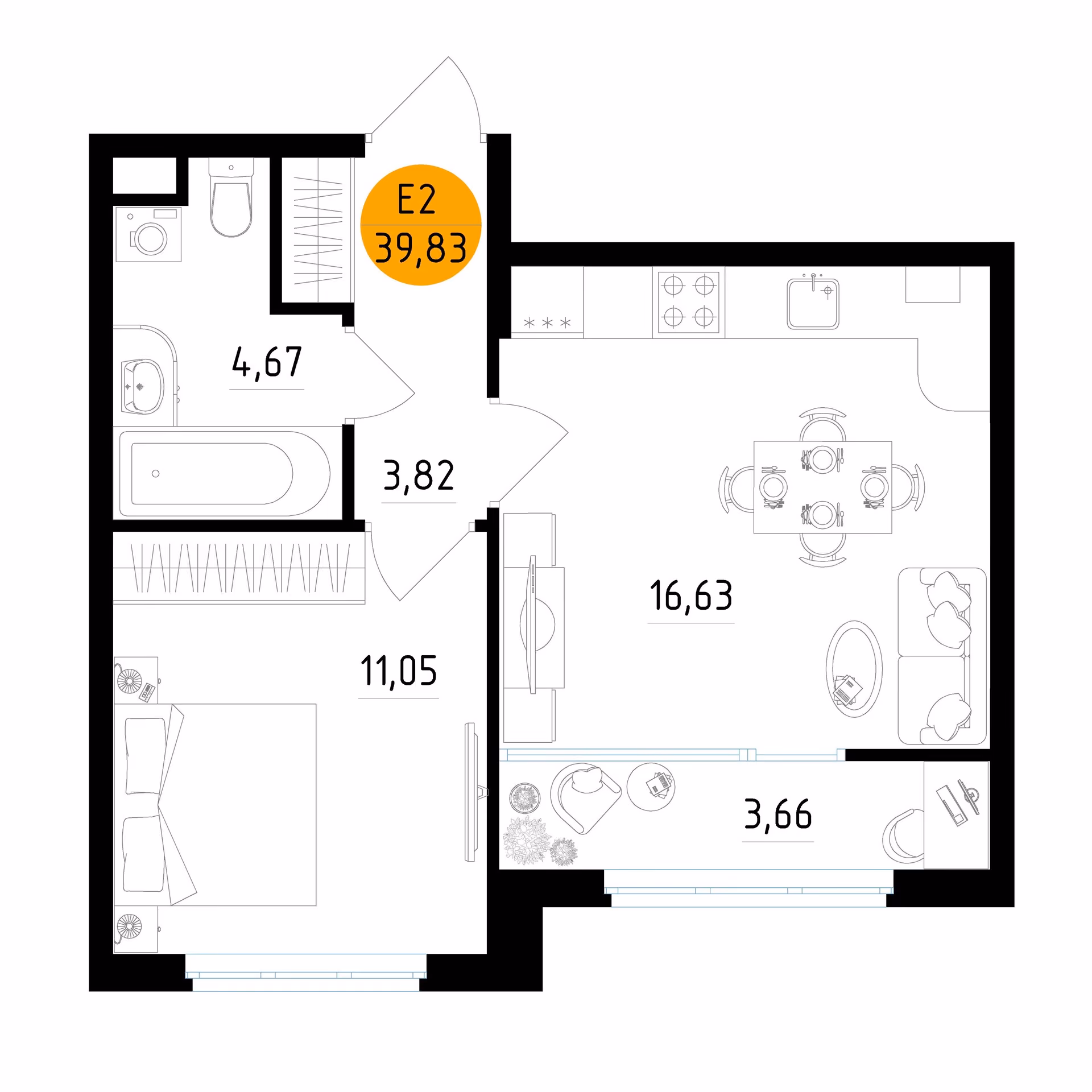 Планировка Квартира с одной спальней и гостиной 17 м² (Евро-2)