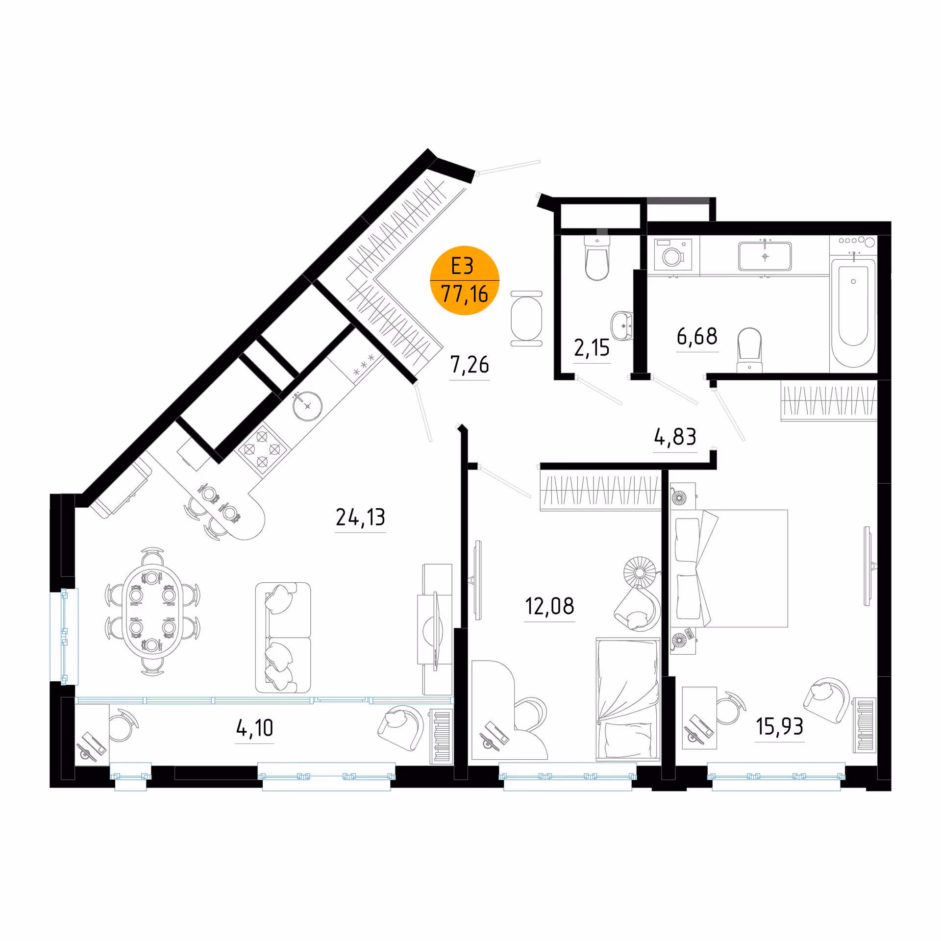 Планировка Квартира с двумя спальнями и гостиной 28 м² (Евро-3)