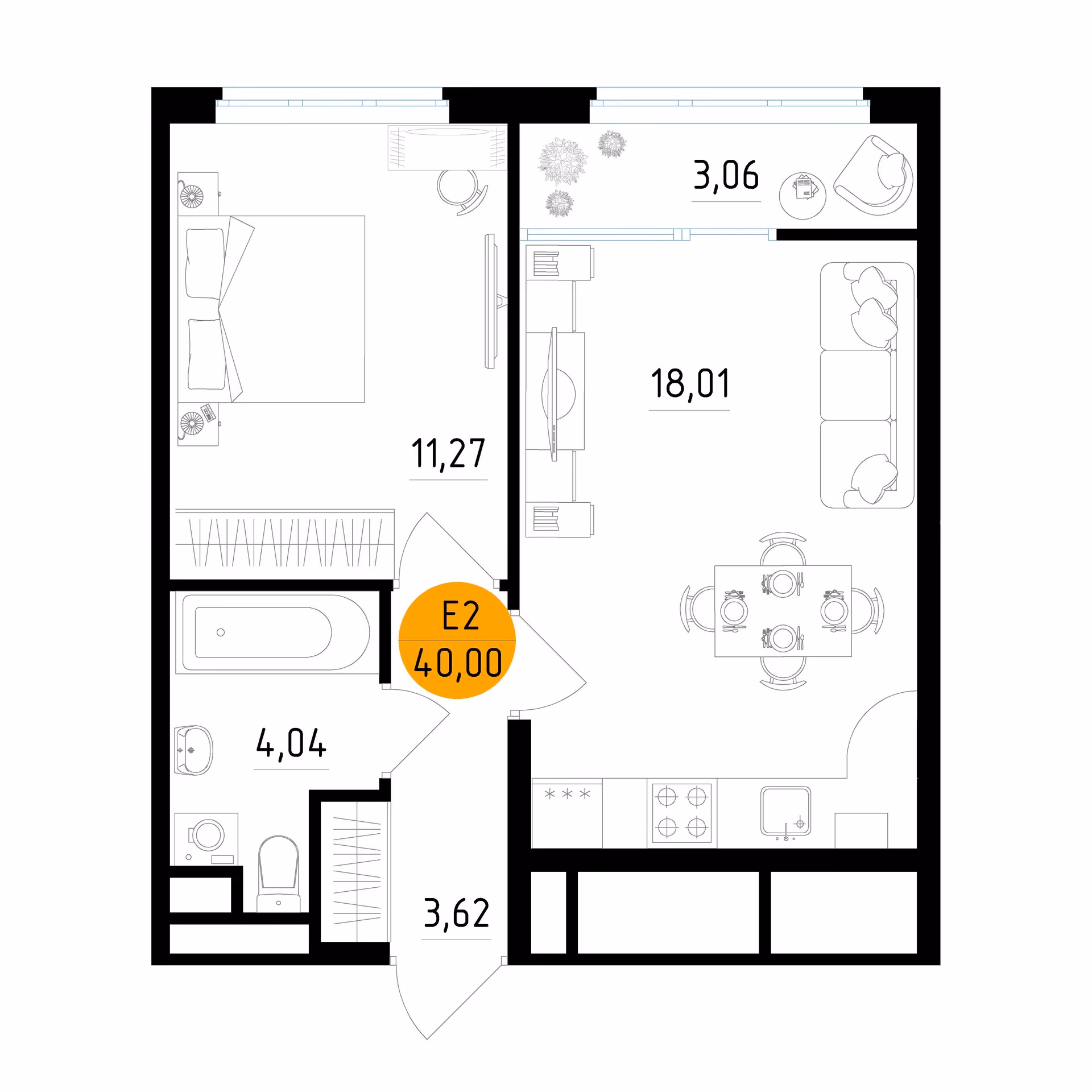 Планировка Квартира с одной спальней и гостиной 18 м² (Евро-2)