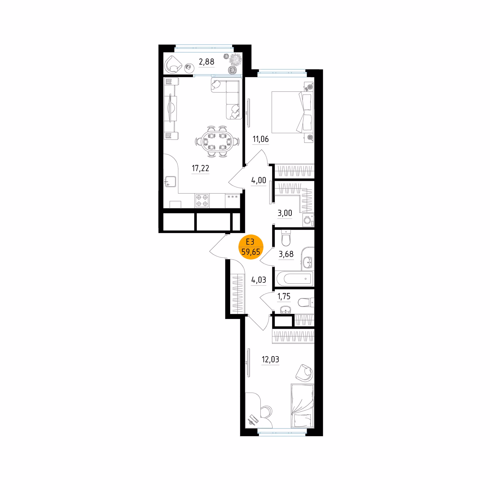 Планировка Квартира с двумя спальнями и гостиной 17 м² (Евро-3)