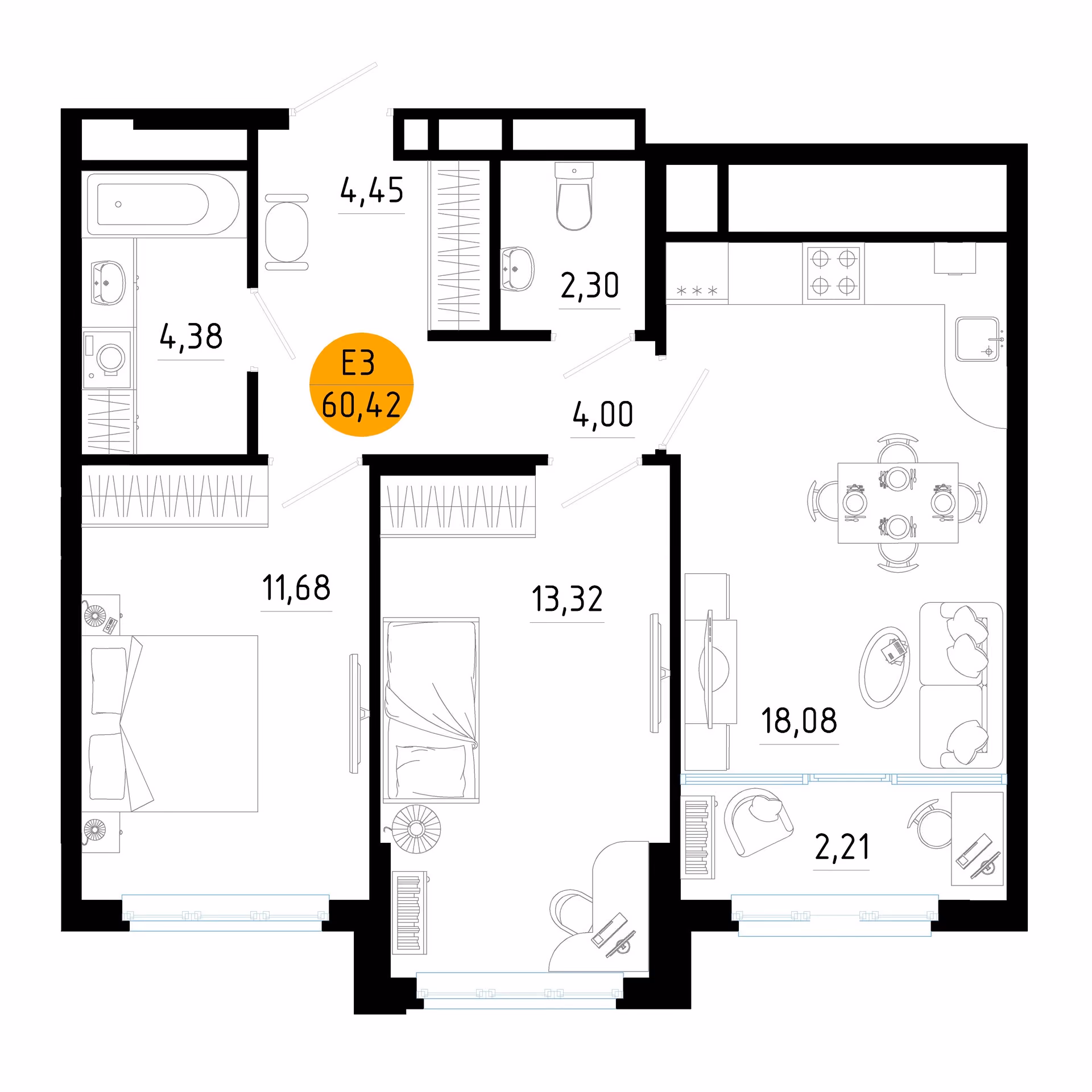 Планировка Квартира с двумя спальнями и гостиной 20 м² (Евро-3)
