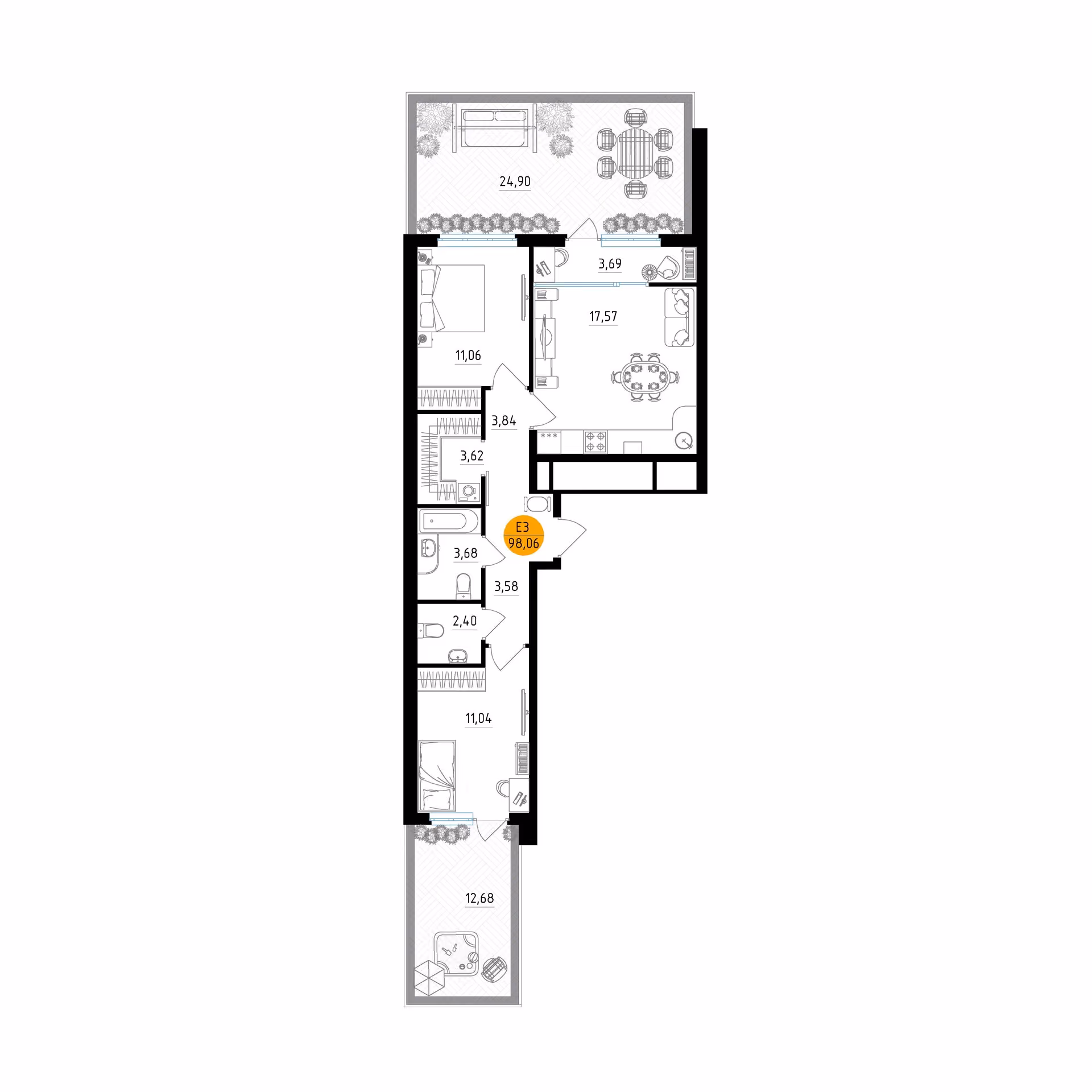 Планировка Квартира с двумя спальнями и гостиной 18 м² (Евро-3)