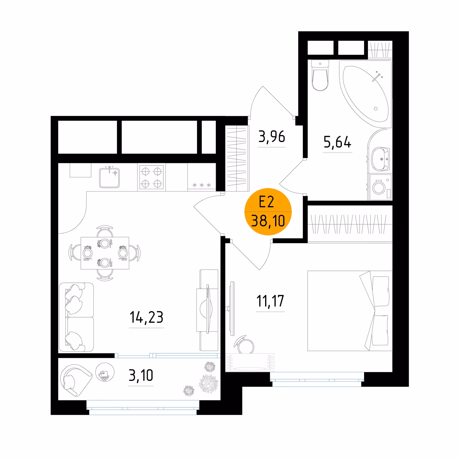 Планировка Квартира с одной спальней и гостиной 14 м² (Евро-2)