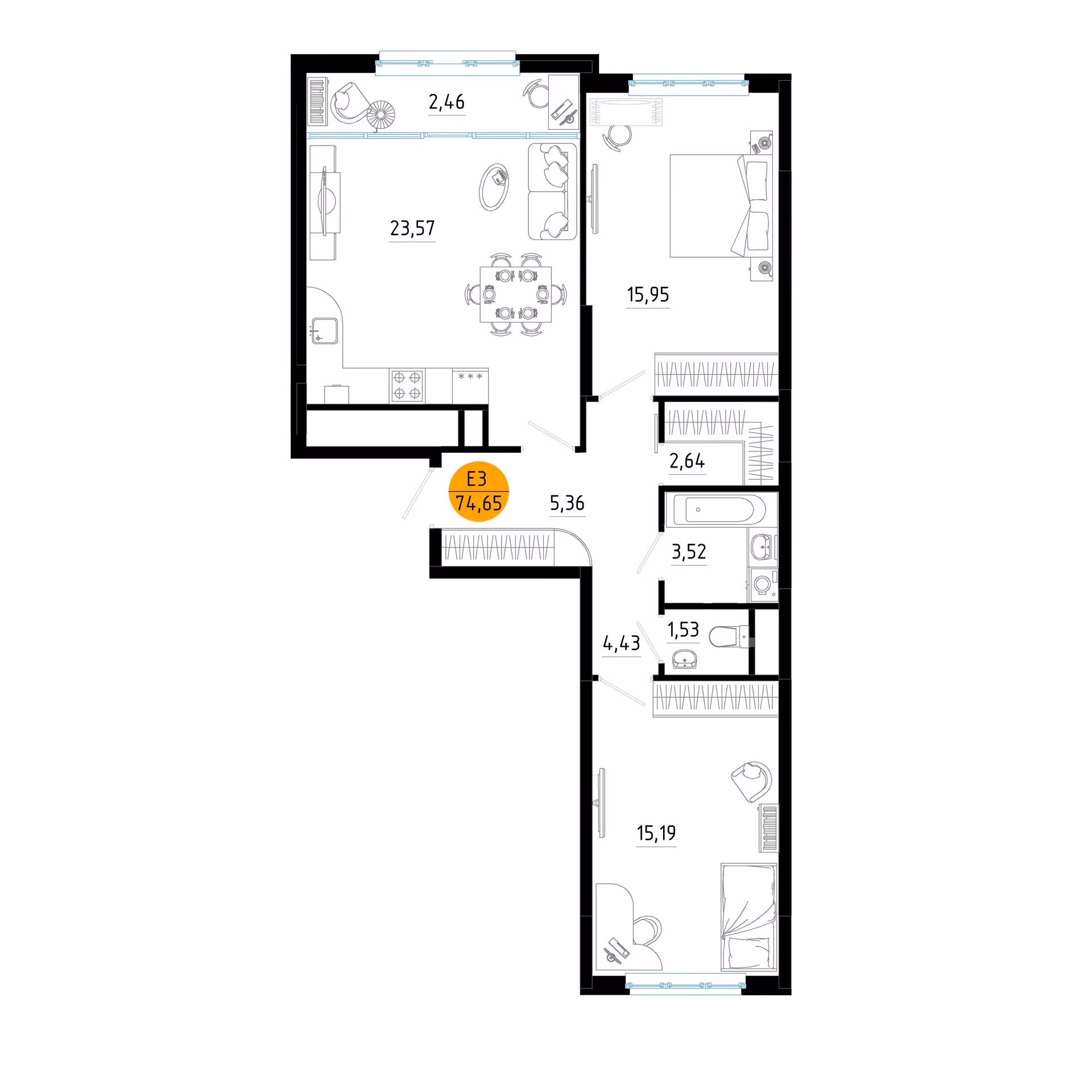 Планировка Квартира с двумя спальнями и гостиной 26 м² (Евро-3)