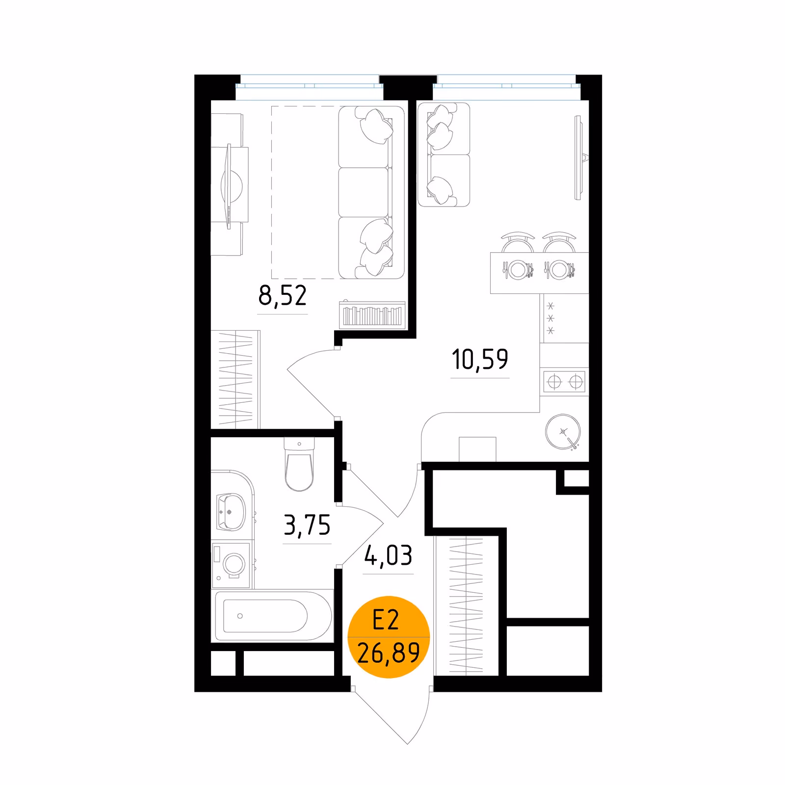 Планировка Квартира с одной спальней и гостиной 9 м² (Евро-2)