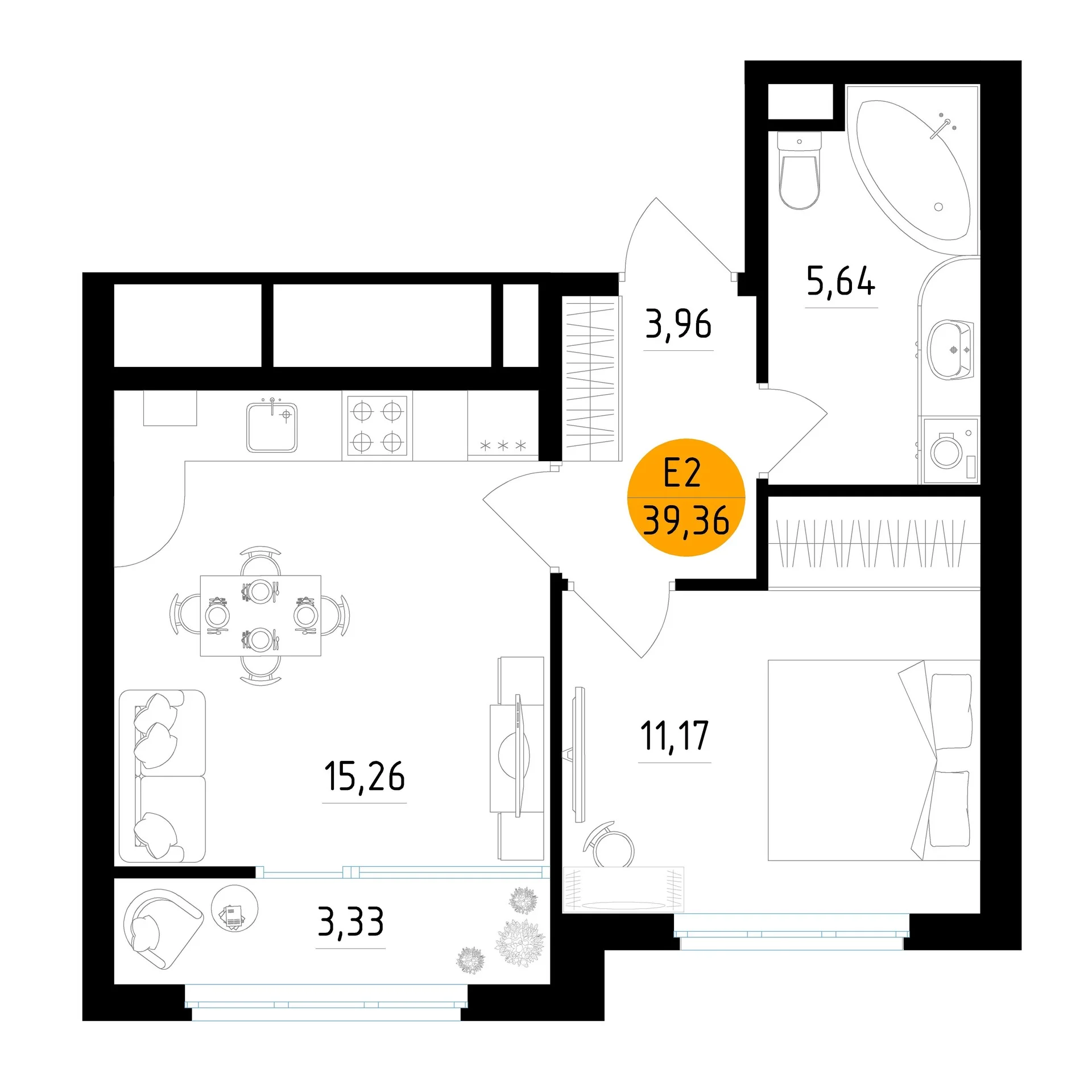 Планировка Квартира с одной спальней и гостиной 15 м² (Евро-2)