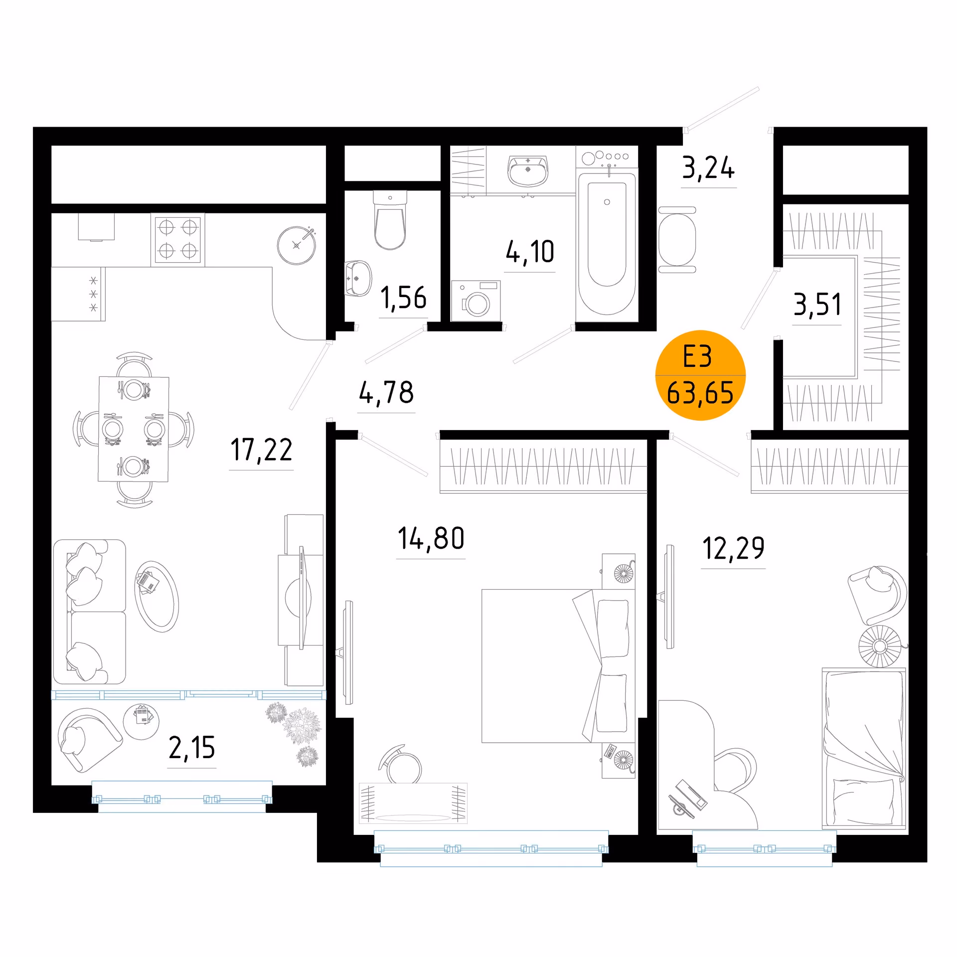Планировка Квартира с двумя спальнями и гостиной 19 м² (Евро-3)