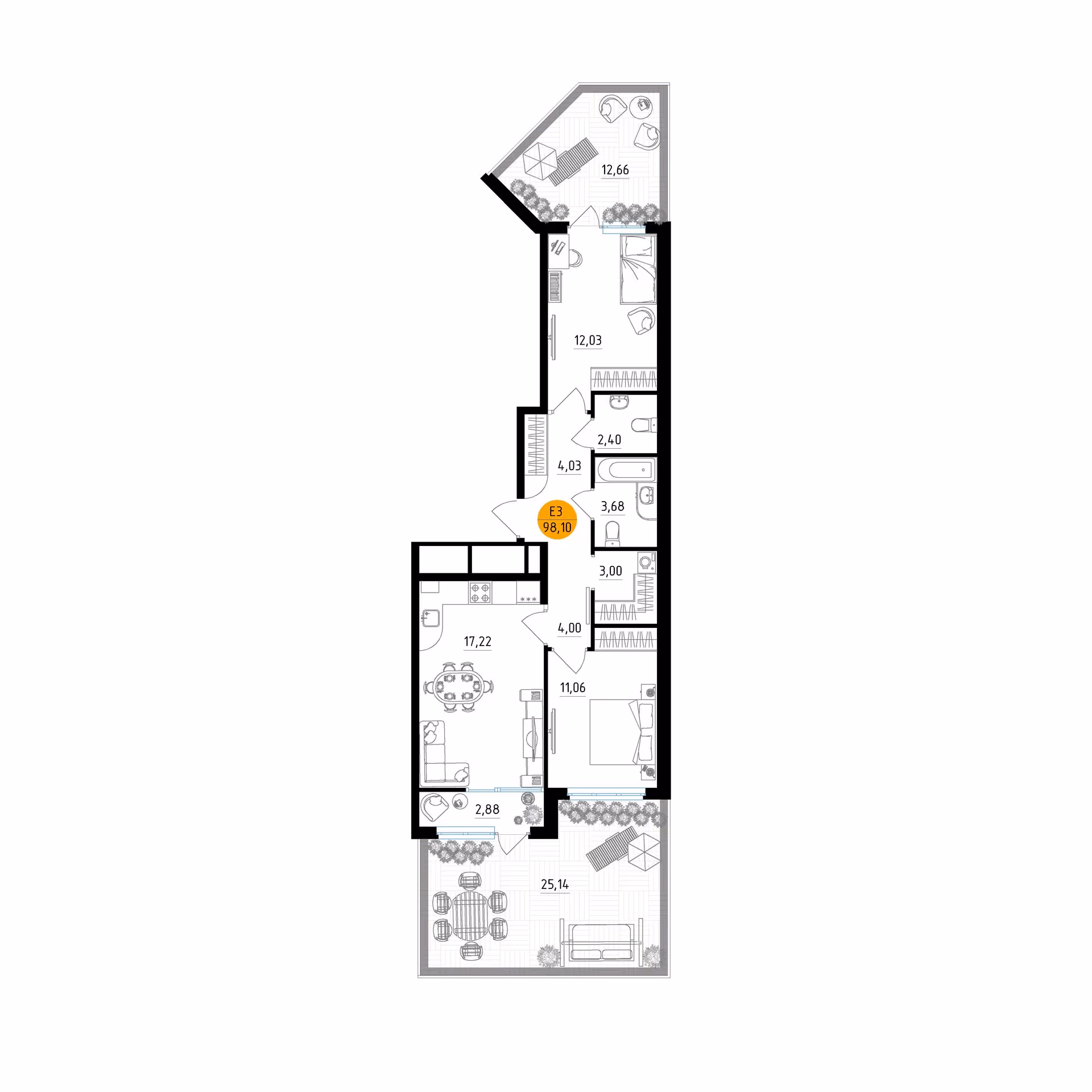 Планировка Квартира с двумя спальнями и гостиной 17 м² (Евро-3)