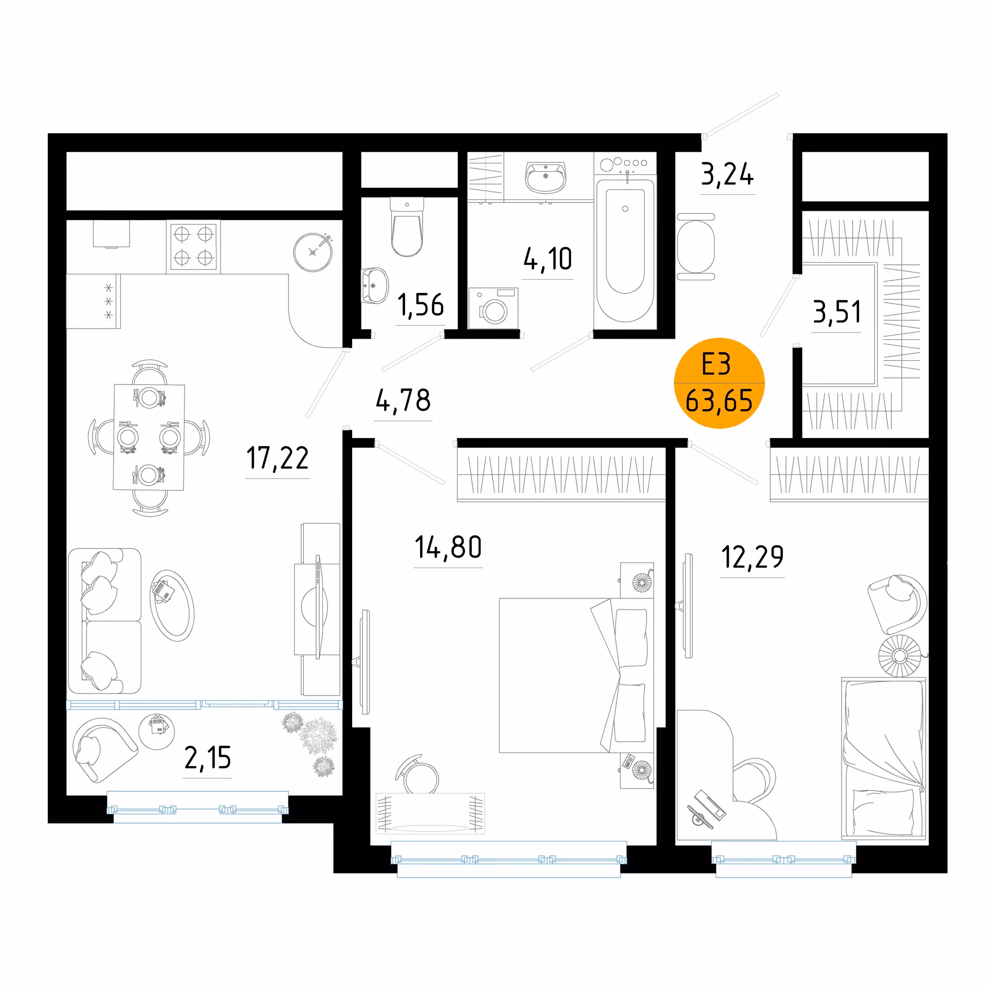 Планировка Квартира с двумя спальнями и гостиной 19 м² (Евро-3)
