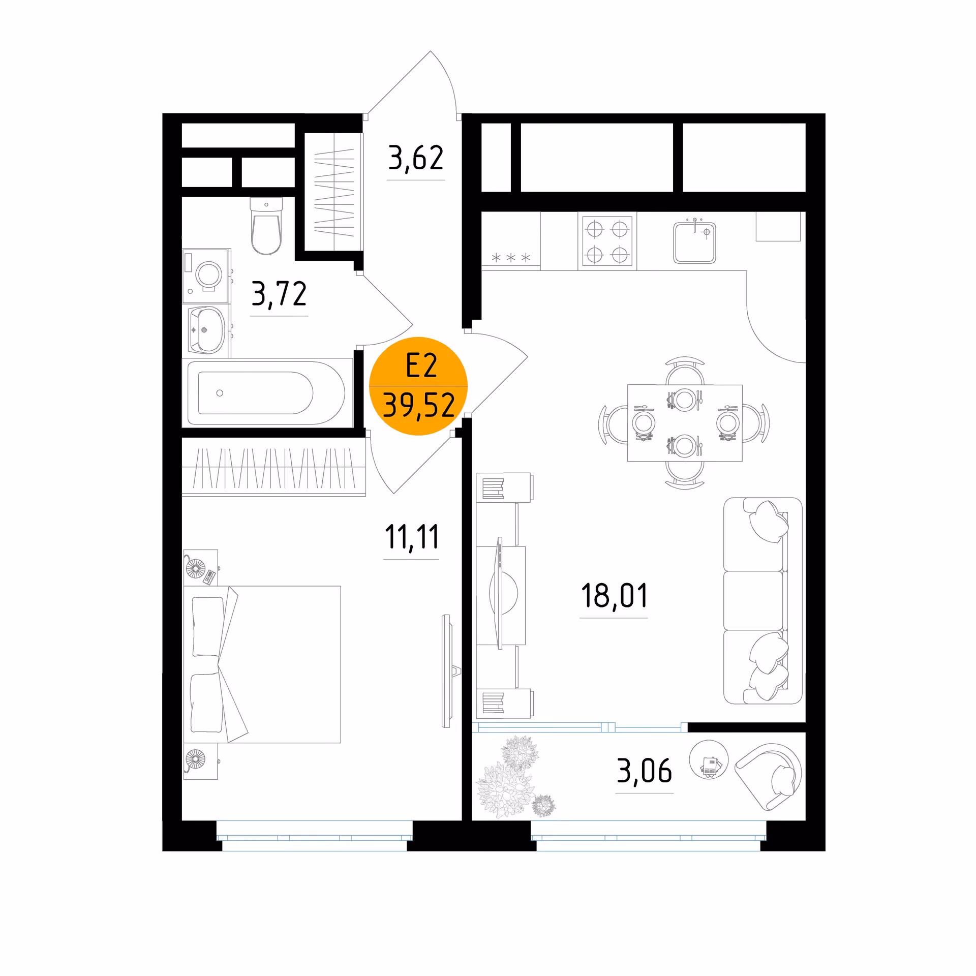 Планировка Квартира с одной спальней и гостиной 18 м² (Евро-2)