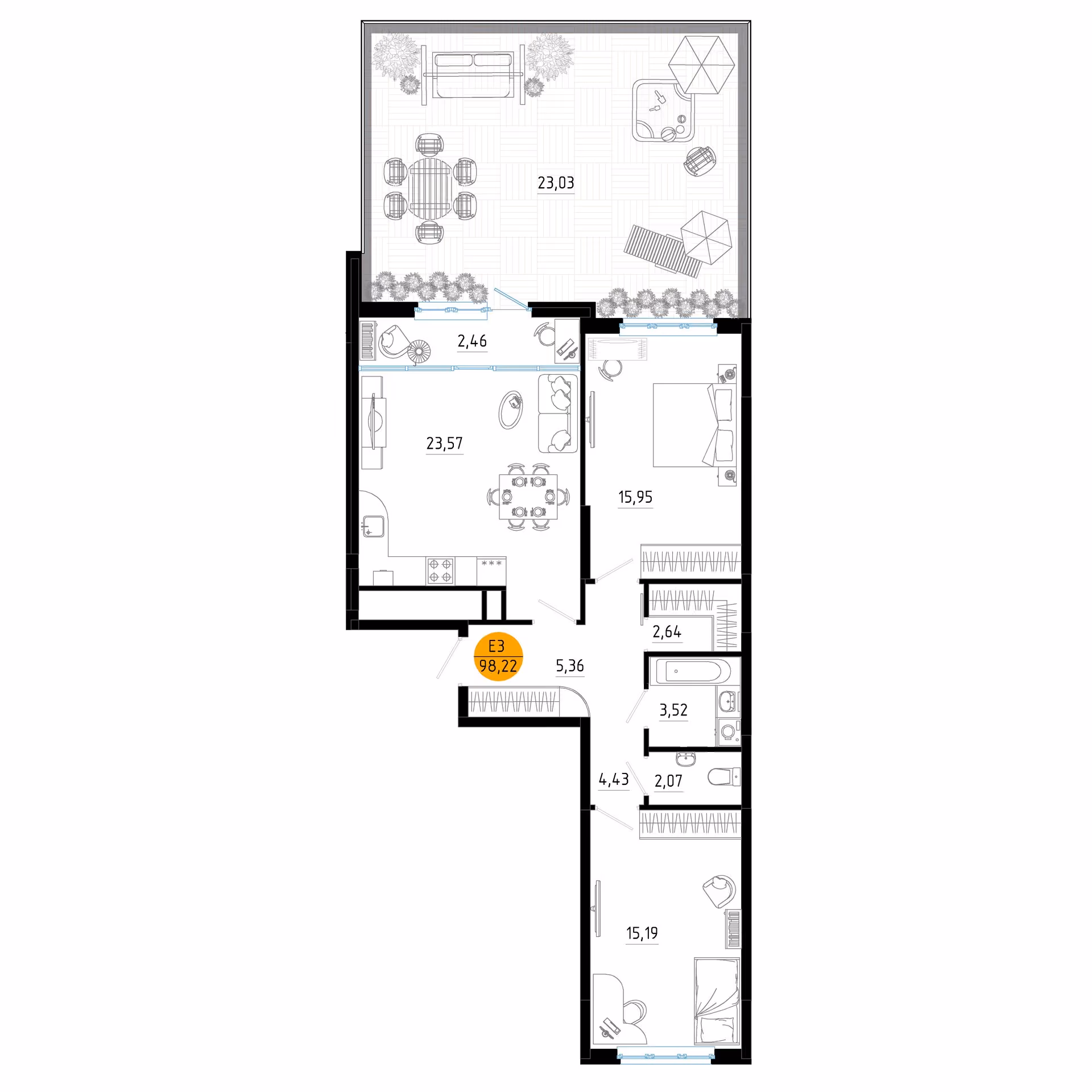 Планировка Квартира с двумя спальнями и гостиной 26 м² (Евро-3)