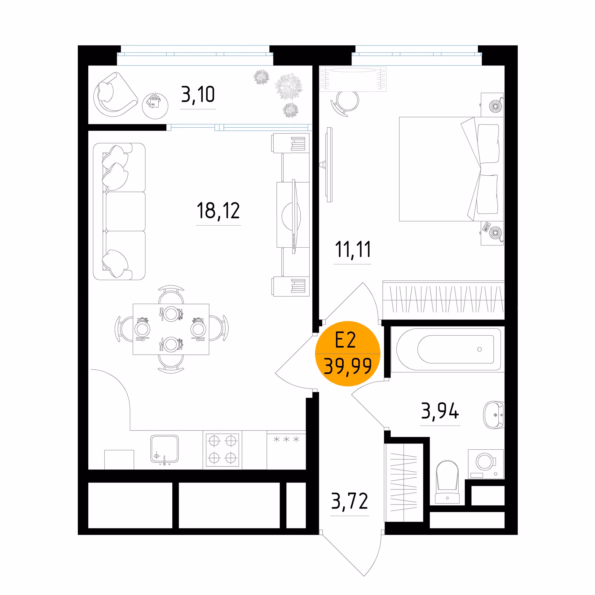 Планировка Квартира с одной спальней и гостиной 18 м² (Евро-2)