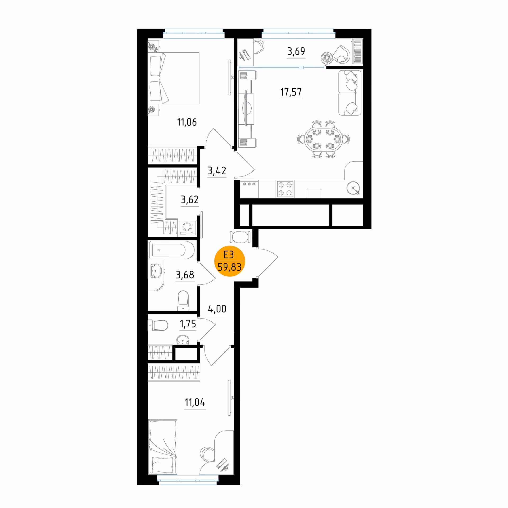 Планировка Квартира с двумя спальнями и гостиной 18 м² (Евро-3)