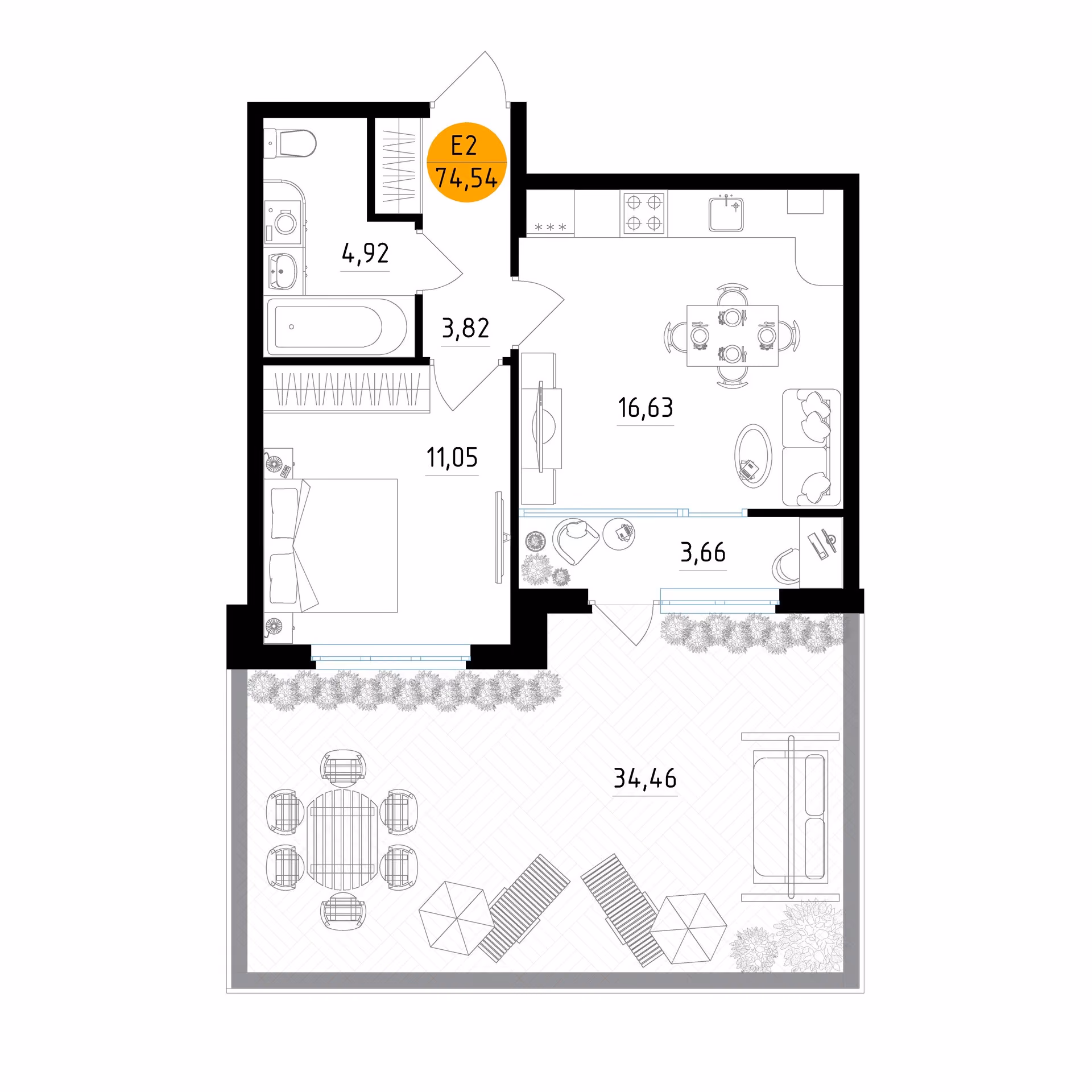 Планировка Квартира с одной спальней и гостиной 17 м² (Евро-2)