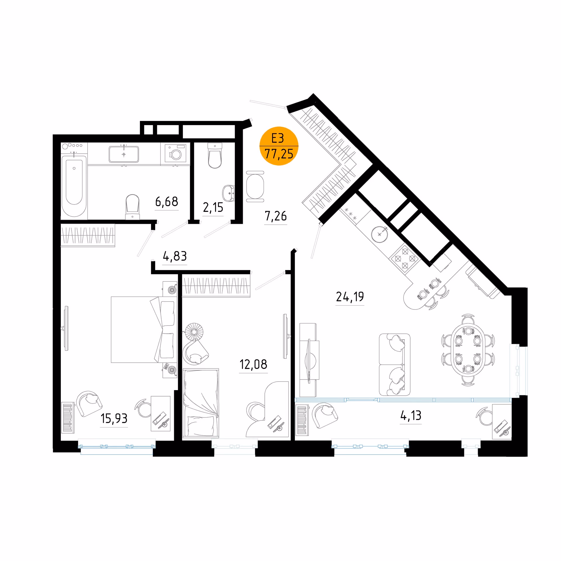 Планировка Квартира с двумя спальнями и гостиной 28 м² (Евро-3)