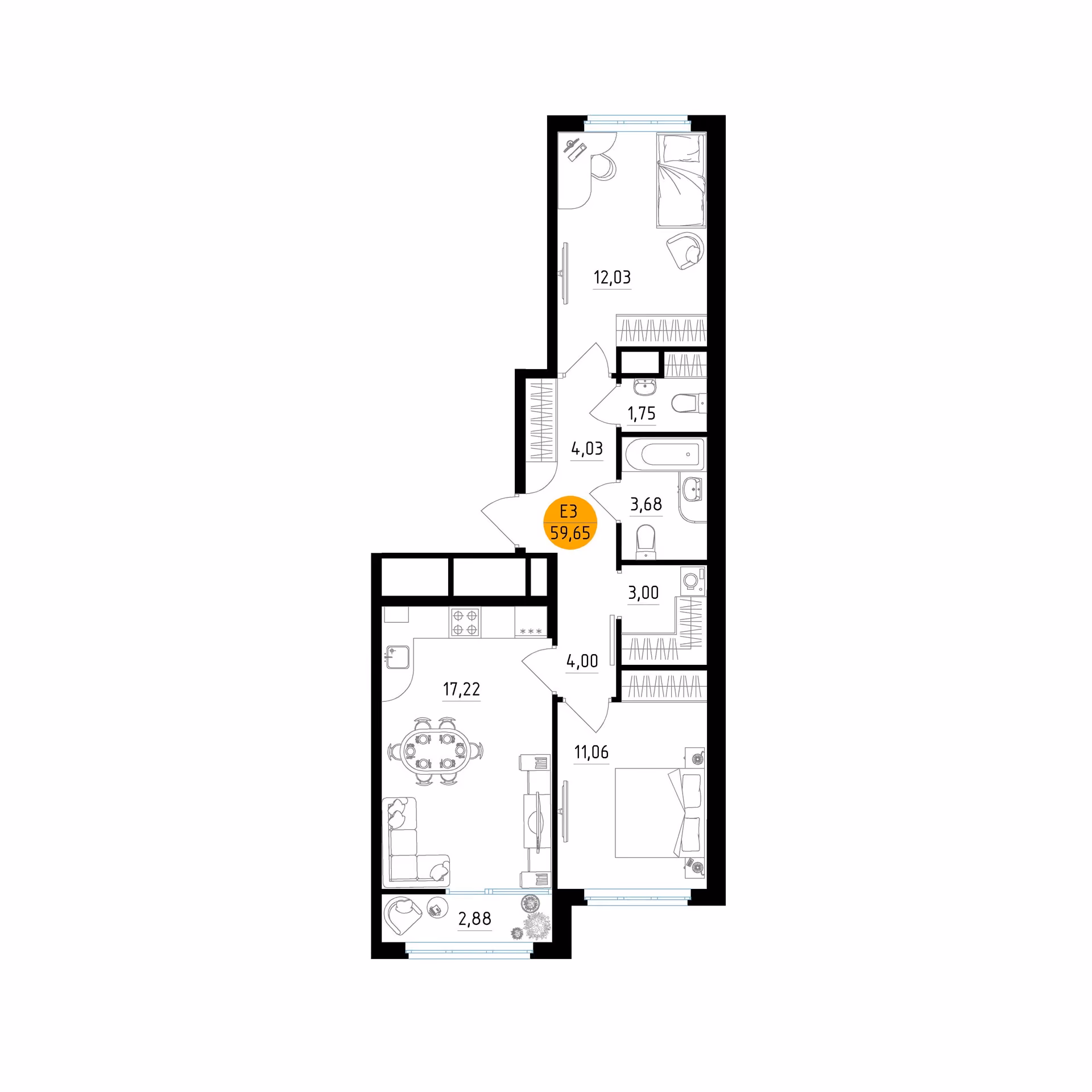Планировка Квартира с двумя спальнями и гостиной 17 м² (Евро-3)
